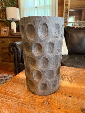 Source Unknown Gray Carved Wood Vase with Dimple Texture